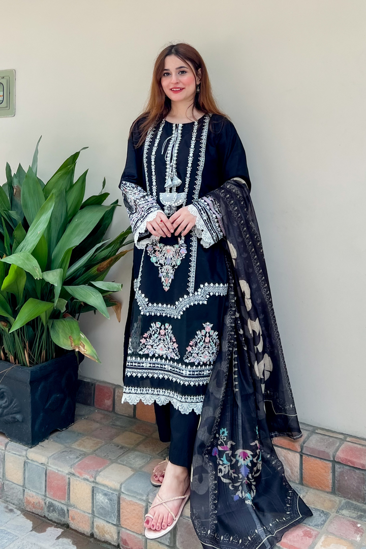 Black Pearl 3Pc - Embroidered Lawn Dress
