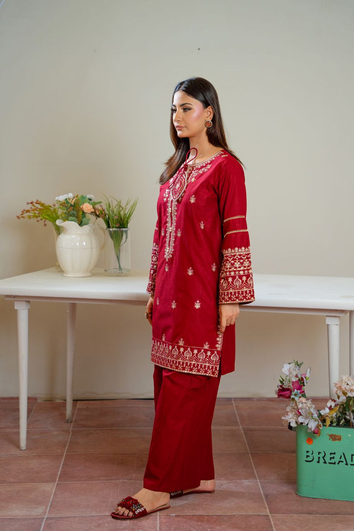 Claret 2Pc Embroidered Dress