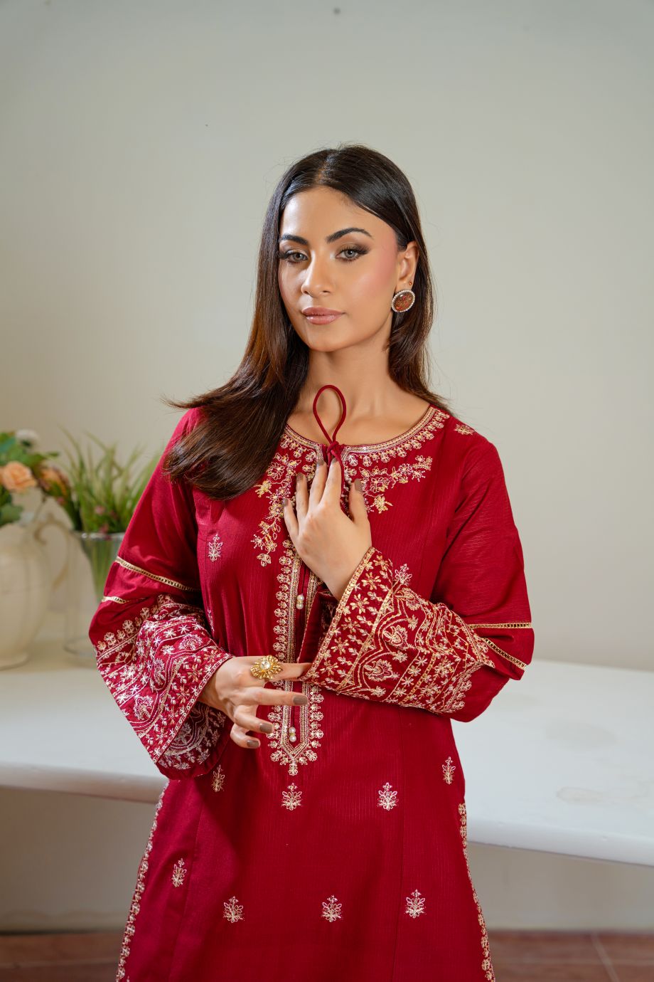 Claret 2Pc Embroidered Dress