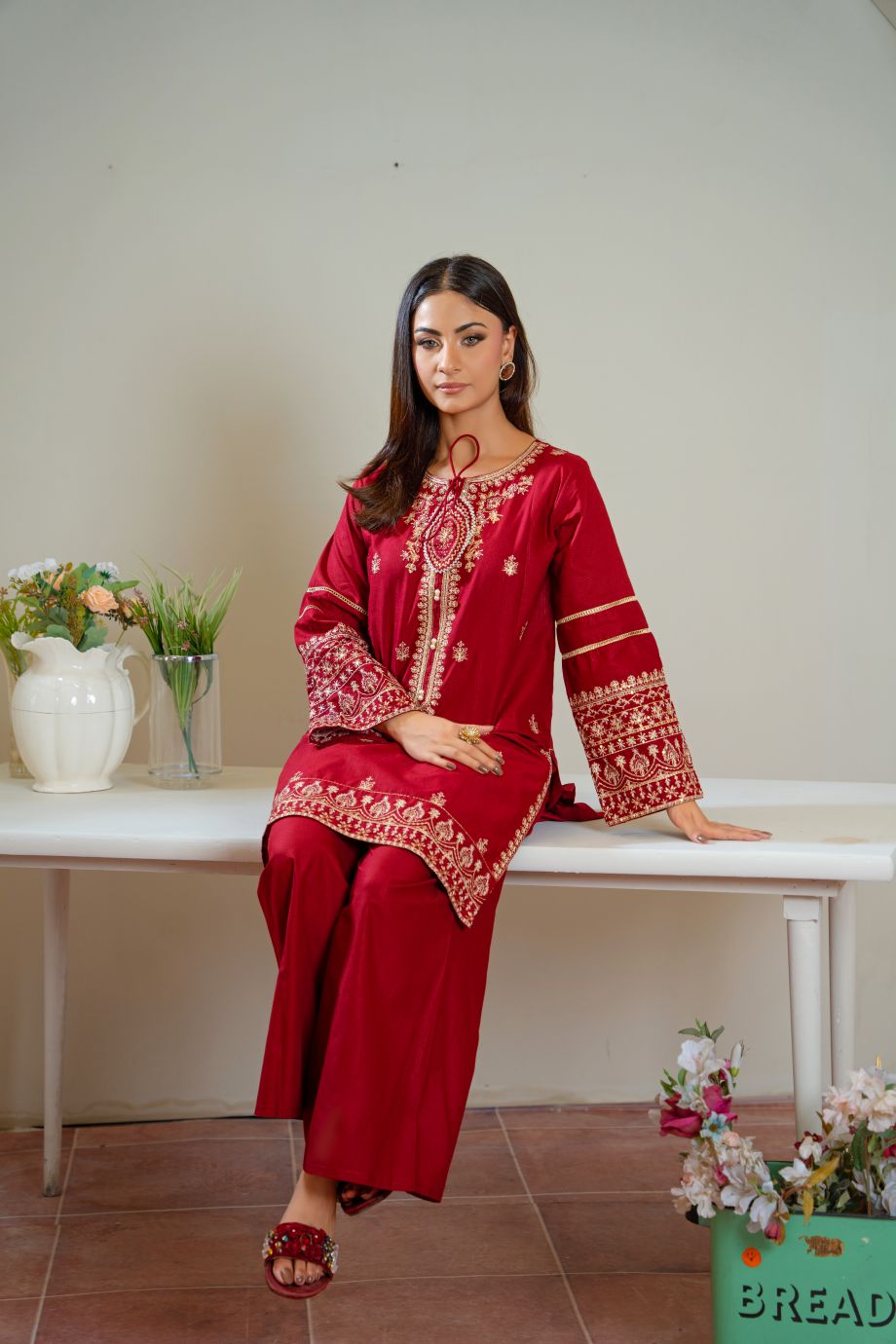 Claret 2Pc Embroidered Dress