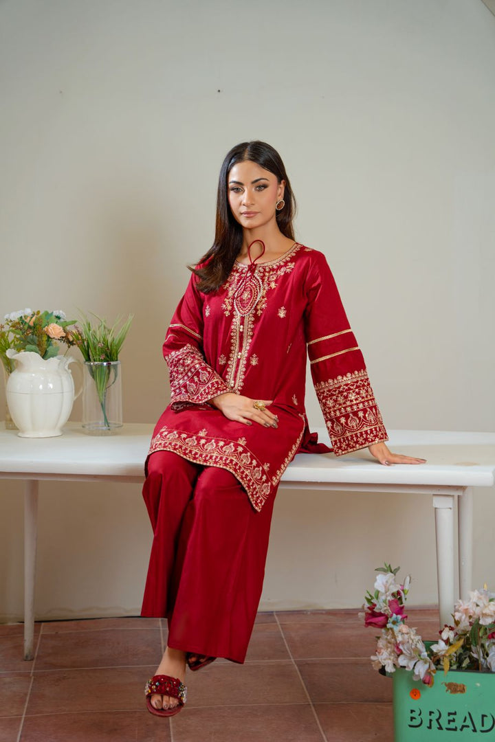 Claret 2Pc Embroidered Dress
